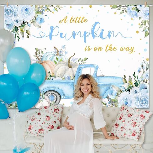 Mocsicka Pumpkin Baby Shower Backdrop A Little Pumpkin is On The Way Backdrop Blue Floral Truck Boys Baby Shower Autumn Party Decorations Photo Booth Props (Blue, 7x5ft) in Saudi Arabia