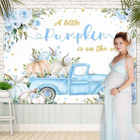 Mocsicka Pumpkin Baby Shower Backdrop A Little Pumpkin is On The Way Backdrop Blue Floral Truck Boys Baby Shower Autumn Party Decorations Photo Booth Props (Blue, 7x5ft) in Saudi Arabia