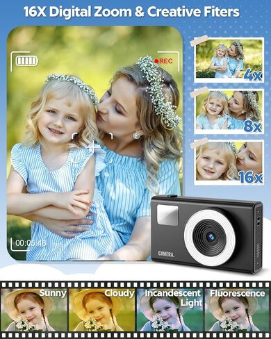 Digital Camera, UHD 4K Kids Camera, 48MP 16x Digital Zoom Point and Shoot Camera, Auto Focus, 3-Speed Fill Light, Anti-Shake Compact Small Camera for Teen Adult Beginner(Black) in Saudi Arabia