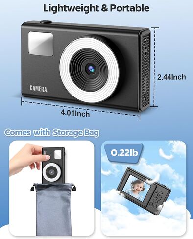 Digital Camera, UHD 4K Kids Camera, 48MP 16x Digital Zoom Point and Shoot Camera, Auto Focus, 3-Speed Fill Light, Anti-Shake Compact Small Camera for Teen Adult Beginner(Black) in Saudi Arabia