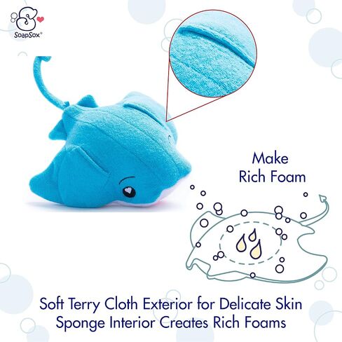 SoapSox Kids Exfoliating Bath Scrub (Ray The Manta) - Soft Animal Toy Wash Cloth Sponge with Soap Pocket Insert - Fun Loofah Characters for Babies, Kids and Children in Saudi Arabia