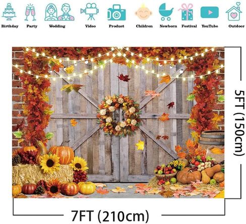 10X10FT Fall Thanksgiving Backdrops Fall Pumpkin Harvest Barn Backdrop Hay Maple Leaf Thanksgiving Party Banner Photo Background Studio Props DH-900 in Kuwait