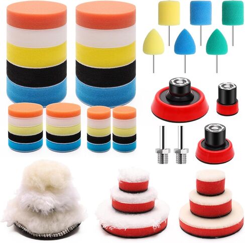 وسادة تلميع 50 قطعة من وسادات التلميع ذات الحجم المختلط لمجموعة تلميع السيارة مع دعامة خيط 5/8-11، ومحولات و6 قطع من وسادات التلميع التفصيلية، مرفق ملمع عازل للحفر للتلميع وإزالة الشعر بالشمع in Kuwait