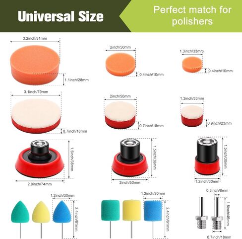 وسادة تلميع 50 قطعة من وسادات التلميع ذات الحجم المختلط لمجموعة تلميع السيارة مع دعامة خيط 5/8-11، ومحولات و6 قطع من وسادات التلميع التفصيلية، مرفق ملمع عازل للحفر للتلميع وإزالة الشعر بالشمع in Kuwait