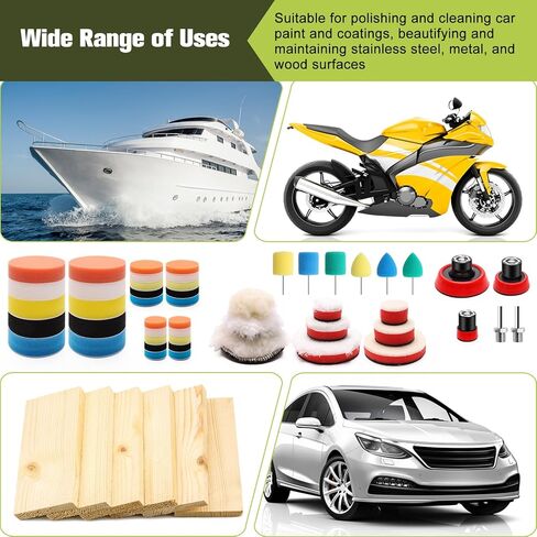 وسادة تلميع 50 قطعة من وسادات التلميع ذات الحجم المختلط لمجموعة تلميع السيارة مع دعامة خيط 5/8-11، ومحولات و6 قطع من وسادات التلميع التفصيلية، مرفق ملمع عازل للحفر للتلميع وإزالة الشعر بالشمع in Kuwait