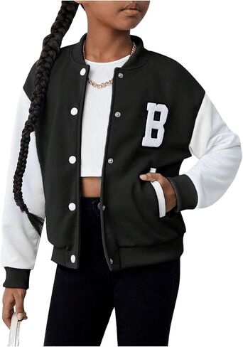 MakeMeChic Girl's Bomber Jacket Letter Patched Striped Trim Long Sleeve Button Down Varsity Jacket Coat in Saudi Arabia