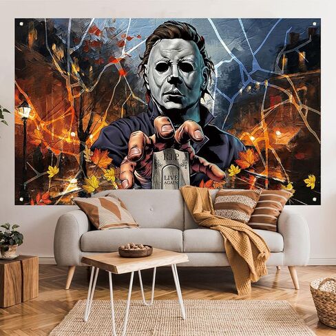 خلفية صورة مايكل مايرز، لافتة الهالوين المخيفة والمخيفة، ديكورات ومستلزمات حفلات عيد الهالوين للمنزل (43 × 71 بوصة) in Kuwait