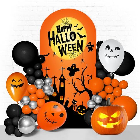 Happy Halloween Arch Backdrop Stand Cover 7.2ft Skeleton, Ghost Pumpkin Bat, Party, Spandex Arch Cover Horror Style backdrop Fabric 2-Sided With Fall Pumpkin Spooky Witch Round Top for Halloween Party in Saudi Arabia