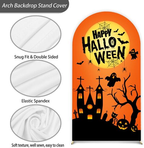 Happy Halloween Arch Backdrop Stand Cover 7.2ft Skeleton, Ghost Pumpkin Bat, Party, Spandex Arch Cover Horror Style backdrop Fabric 2-Sided With Fall Pumpkin Spooky Witch Round Top for Halloween Party in Saudi Arabia