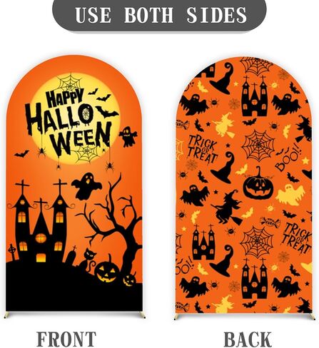 Happy Halloween Arch Backdrop Stand Cover 7.2ft Skeleton, Ghost Pumpkin Bat, Party, Spandex Arch Cover Horror Style backdrop Fabric 2-Sided With Fall Pumpkin Spooky Witch Round Top for Halloween Party in Saudi Arabia