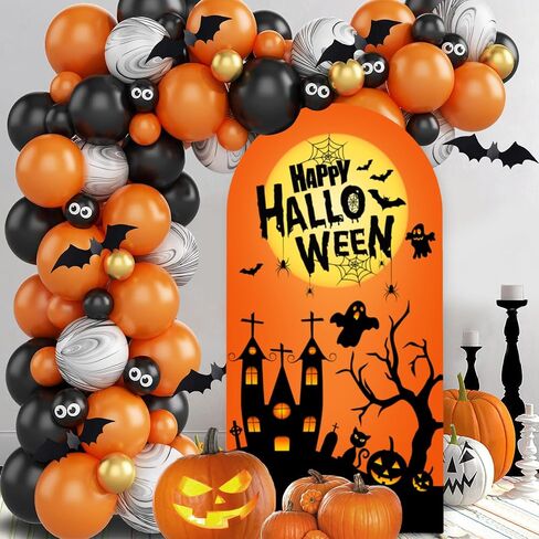 Happy Halloween Arch Backdrop Stand Cover 7.2ft Skeleton, Ghost Pumpkin Bat, Party, Spandex Arch Cover Horror Style backdrop Fabric 2-Sided With Fall Pumpkin Spooky Witch Round Top for Halloween Party in Saudi Arabia