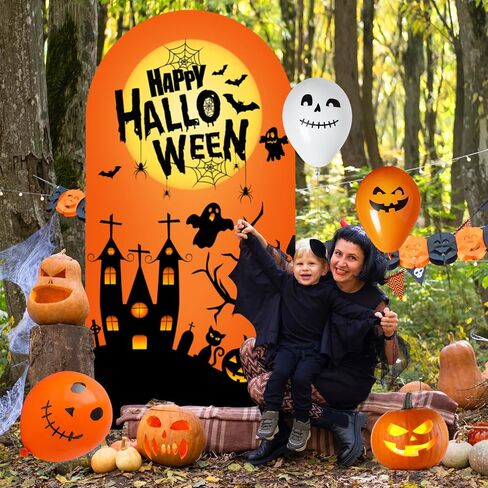 Happy Halloween Arch Backdrop Stand Cover 7.2ft Skeleton, Ghost Pumpkin Bat, Party, Spandex Arch Cover Horror Style backdrop Fabric 2-Sided With Fall Pumpkin Spooky Witch Round Top for Halloween Party in Saudi Arabia