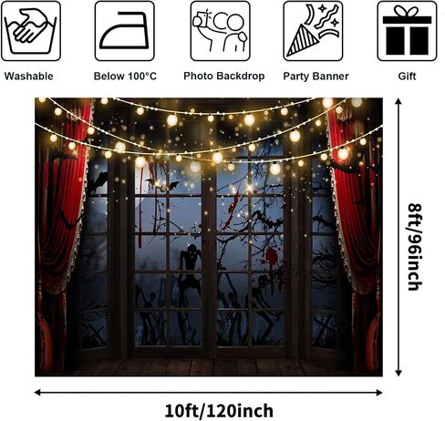 Avezano Halloween Backdrop for Photography Horrible Night Window Scene Background Cemetery Spooky Skeleton Zombie Scary Halloween Party Decorations Photo Booth Banner (7x5ft) in Saudi Arabia