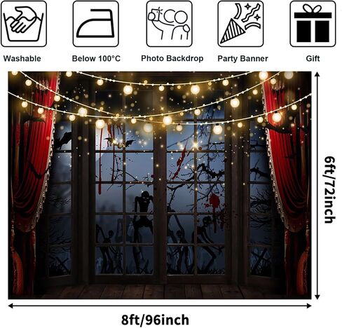 Avezano Halloween Backdrop for Photography Horrible Night Window Scene Background Cemetery Spooky Skeleton Zombie Scary Halloween Party Decorations Photo Booth Banner (7x5ft) in Saudi Arabia