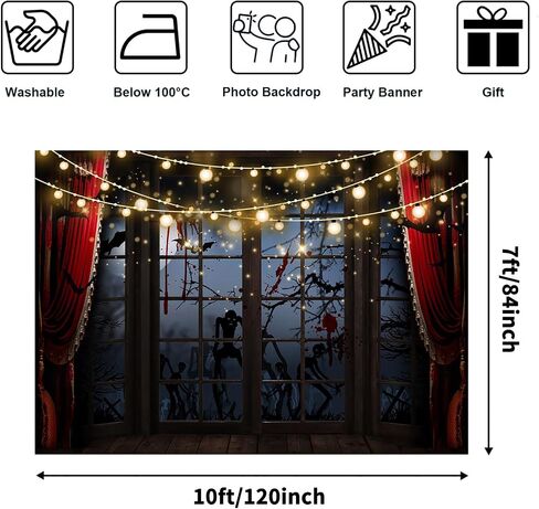 Avezano Halloween Backdrop for Photography Horrible Night Window Scene Background Cemetery Spooky Skeleton Zombie Scary Halloween Party Decorations Photo Booth Banner (7x5ft) in Saudi Arabia