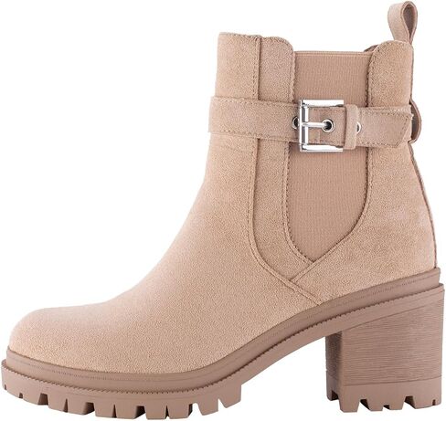 حذاء تشيلسي من Shoe'N Tale للنساء أحذية الكاحل ونعل عروة وكعب متوسط ​​مكتنز ومنصة دائرية عند الأصابع وإبزيم سهل الارتداء ومرن ومريح in Saudi Arabia