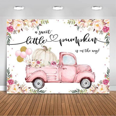 Mocsicka A Little Sweet Pumpkin is On The Way Backdrop 7x5ft Fall Pumpkin Baby Shower Party Decoration Pink Floral Truck Fall Little Pumpkin Gender Reveal Decors Banner in Saudi Arabia