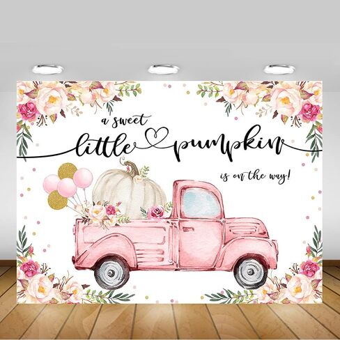Mocsicka A Little Sweet Pumpkin is On The Way Backdrop 7x5ft Fall Pumpkin Baby Shower Party Decoration Pink Floral Truck Fall Little Pumpkin Gender Reveal Decors Banner in Saudi Arabia
