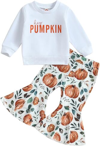 Springcmy Toddler Baby Girl Pumpkin Halloween Clothes Set Long Sleeve Sweatshirt Tops Bell Bottom Flare Pants Outfits Set in Kuwait