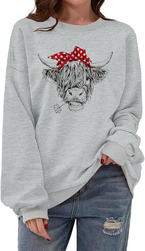 المرأة المرتفعات البقرة البلوز لطيف راعية البقر هدية عيد الميلاد مزرعة البلوز الشريط قمصان طويلة الأكمام in Kuwait