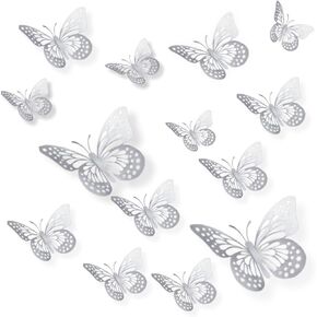 3D Butterfly Wall Decor, 48 Pcs, 3 Sizes (4.7", 3.9", 3.1"), Removable Metallic Butterfly Stickers for Bedroom, Party Decorations, and DIY Crafts - Silver