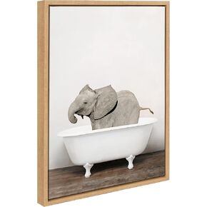 Kate and Laurel Sylvie Baby Elephant in the Tub Color Framed Canvas Wall Art by Amy Peterson Art Studio, 18x24 White, Modern Fun Decorative Bathtub Wall Art for Home Décor