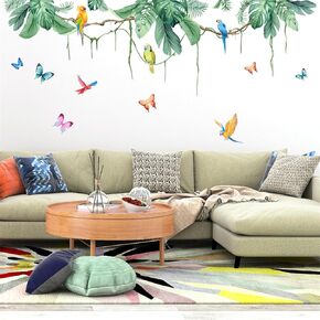 Green Vines Wall Decals Colourful Butterfly Bird Tropical Leaves Wall Stickers Kids Room Baby Nursery Girls Bedroom Living Room Wall Decor