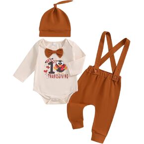 KMBANGI Newborn Baby Boy Thanksgiving Outfits Long Sleeve Bow Tie Turkey Romper Suspender Overalls Hat 3PCS Set Fall Winter