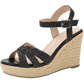 Women's Wedge Platform Sandals - Stylish Raffia Woven Espadrilles Summer Sandals Women's Open Toe Buckle Ankle Wedge Heels