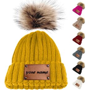 Personalized Parent-Child Beanie Hat, 2-Pack Mama Mini Pom Pom Hat,Mother & Baby Boy Girl Winter Warm Knit Hat Gift Sapphire