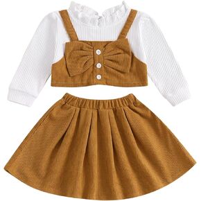 BeQeuewll Fall Winter Toddler Baby Girl Clothes Long Sleeve Ruffle Patchwork Top Corduroy Skirt Set Girls Dress 2pc Outfits