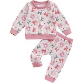 Toddler Baby Girl Christmas Outfits Fall Winter Clothes Floral Cartoon Santa Crewneck Sweatshirt + Pants Set