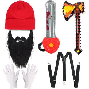 Kyson Halloween Lumberjack Costume Accessories Set-Lumberjack Plaid Beanie Suspender Gloves Prop Axes Whisker Dress Up Kit