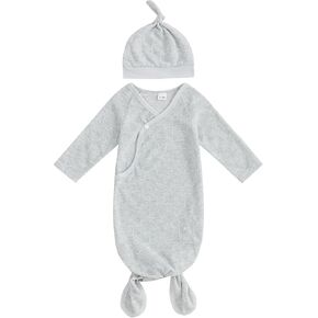Newborn Knotted Gown Baby Boy Girl Hospital Coming Home Outfit Infant Nightgown Sleeper One Piece Pajamas and Hat
