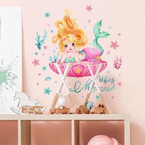 Lovely Mermaid Girl and Coral Water Plants Wall Stickers, sacinora Mermaid Princess Art Wall Decals Removable Vinyl Peel and Stick for Girls Kids Baby Nursery Living Room Bedroom Decor