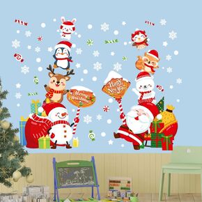 Fanwaoo Stacked Animal Chirstmas Wall Decals Cartoon Santa Snowman Deer Wall Stickers for Chirstmas Bedroom Living Room Home Wall Art Decor