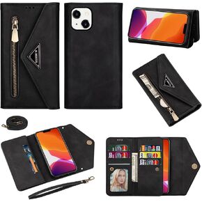 Wallet Case for iPhone 14 6.1 inch Leather Flip Zipper Purse Handbag with Card Holder Crossbody Shoulder Strap Wrist Strap Lanyard Phone Cover for iPhone14 5G i i-Phone i14 iPhone14case Brown