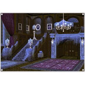 7x5ft Fabric Halloween Haunted House Photography Backdrop Middle Ages Retro Gothic Castle Background Spooky Spider Web Stairs Photo Tapestry Booth Props