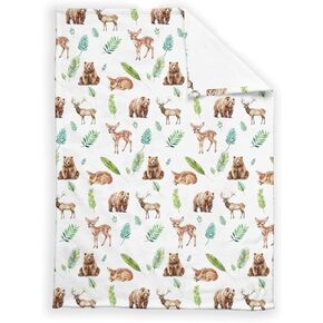Woodland Animal Baby Blanket Boys Gift Woodland Bear Deer Flannel Plush Nursery Bed Blanket Newborn Swaddling Blankets Infant Kids Toddler Crib Stroller Bedding Blanket, 30x40inch, White