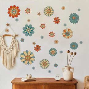 Boho Retro Flower Wall Stickers，Vintage Floral Wall Decals，Large Vintage Flower Art Wall Decor，for Bedroom Living Room Offices Sofa TV Backdrop Wall Decoration