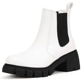 IDIFU IN2 Chelsea Boots Women Platform Lug Sole Ankle Boots Low Chunky Block Heel Dress Boots for Women Dressy Fashion Casual Elastic Short Booties Comfortable Cute Slip on Fall Boots