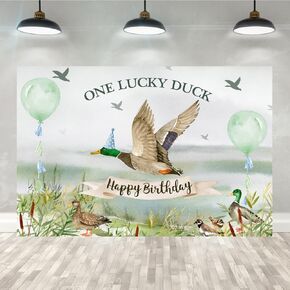 Lofaris 7x5ft Happy 1st Birthday Backdrop Child's First Birthday Background One Lucky Duck Animal Photography One Year Old Bday Party Decoration Duck Banner Supplies Photobooth Props