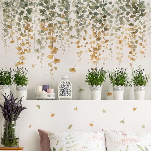 سلسلة معلقة من اللؤلؤ الكرمة ملصقات الحائط النباتات الخضراء أوراق الاستوائية زهرة جدار الشارات النباتات الخضراء يترك جدار ديكور غرفة نوم غرفة المعيشة أريكة التلفزيون خلفية مكتب الجداريات in Kuwait