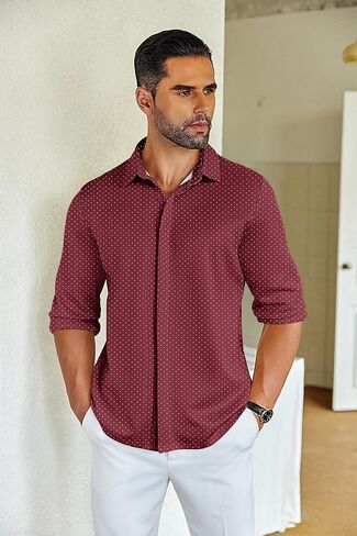 COOFANDY Mens Button Down Shirts Wrinkle Free Dress Shirts Long Sleeve No Tuck Shirt Wine Red in Kuwait
