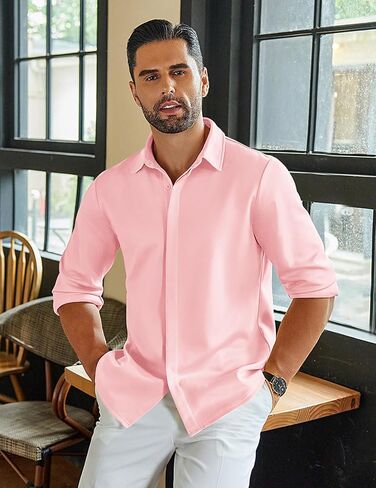 COOFANDY Mens Button Down Shirts Wrinkle Free Dress Shirts Long Sleeve No Tuck Shirt Wine Red in Kuwait