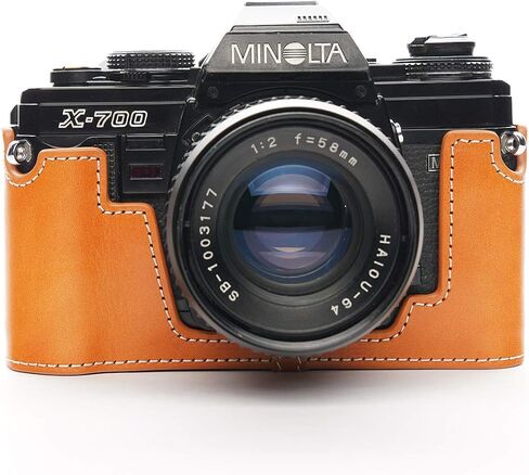 Minolta X-700 Case, BolinUS Handmade Genuine Real Leather Half Camera Case Bag Cover for Minolta X-700 with Hand Strap (Yellow) in Saudi Arabia