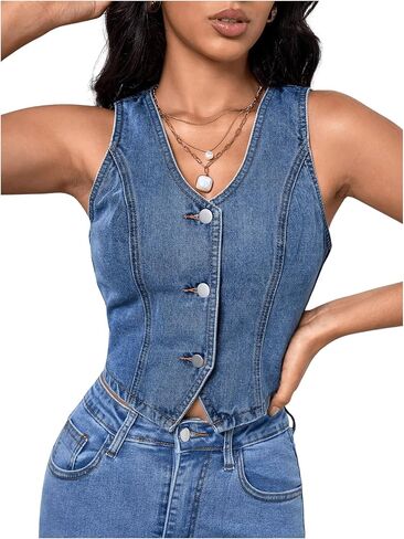 SHENHE Women's Denim Vest Sleeveless V Neck Button Up Vintage Cropped Jean Jacket Vest Top in Saudi Arabia