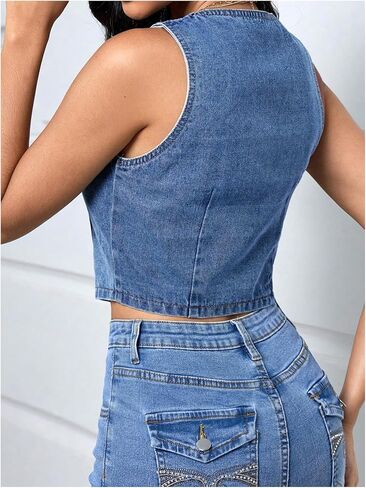 SHENHE Women's Denim Vest Sleeveless V Neck Button Up Vintage Cropped Jean Jacket Vest Top in Saudi Arabia