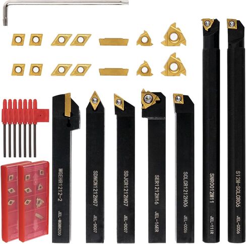 Indexable Lathe Turning Tool 21Pcs Kit,7 Pcs Metal Lathe Tool Holder Set and 14 Pcs Turning Inserts,3/8'' 10mm Shank with Carbide Inserts for Turning Grooving Threading Boring in Kuwait