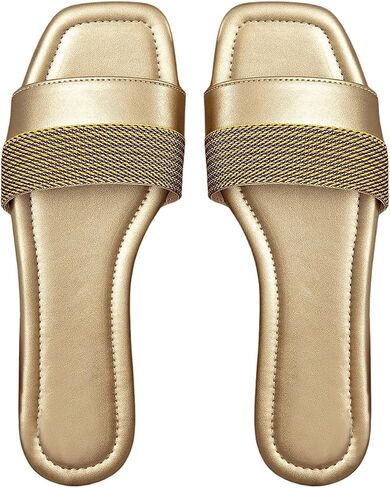GORGLITTER Women's Single Band Pu Leather Slide Shoes Square Open Toe Metallic Flat Sandals in Saudi Arabia